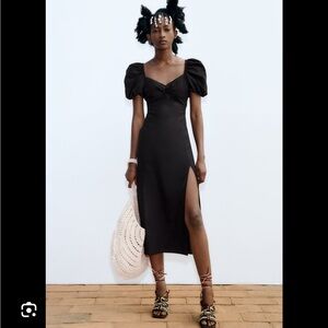 ZARA LINEN-BLEND DRESS WITH PUFF SLEEVES